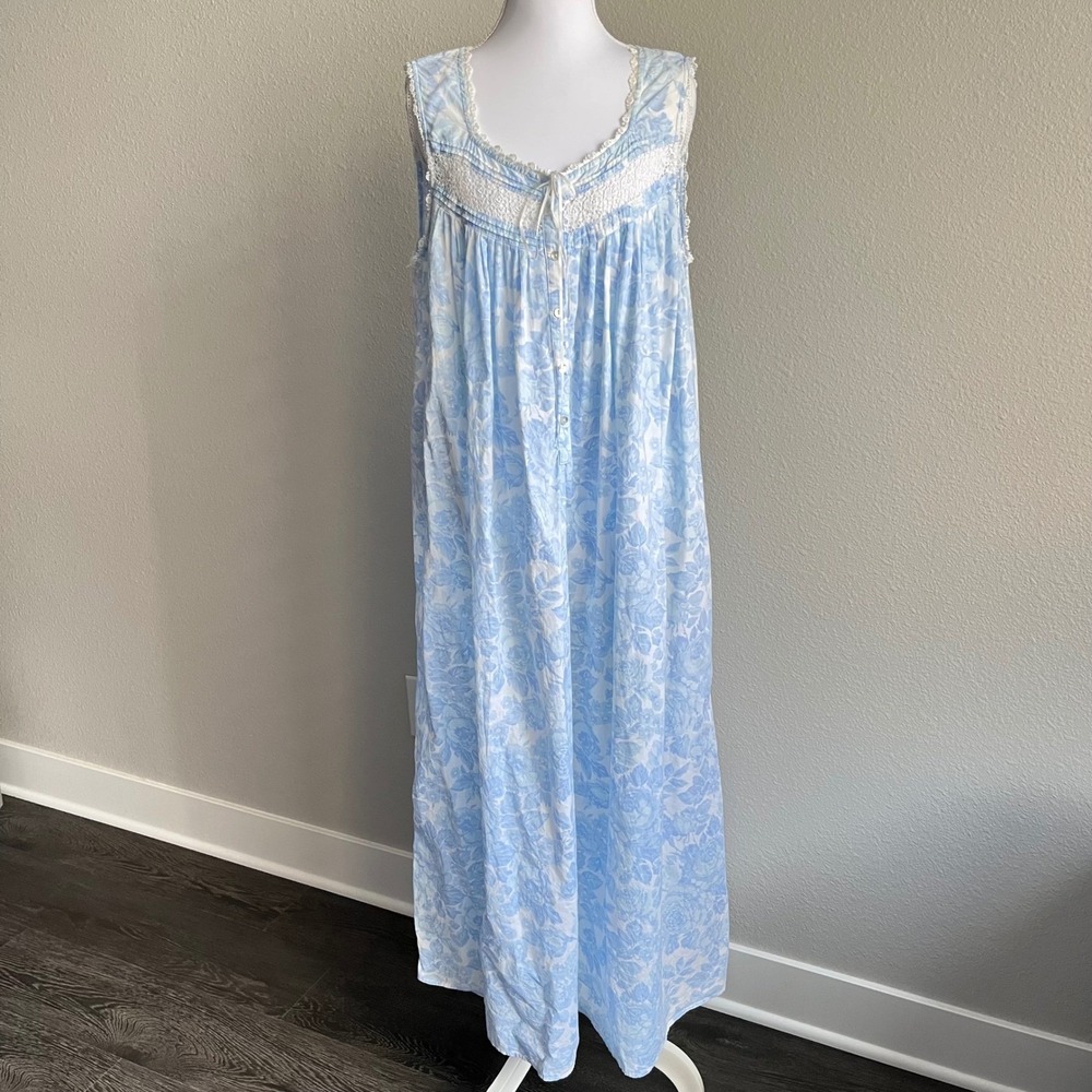 VTG Eileen West Cotton Maxi Nightgown Blue Floral Sleeveless Large Coquette Lace